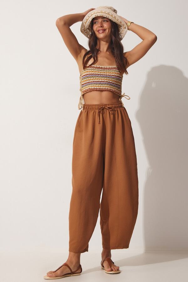 Happiness İstanbul-Damen-Shalwar-Hose aus Leinen-Viskose mit Taschen in Kamelfarben CV00001 1