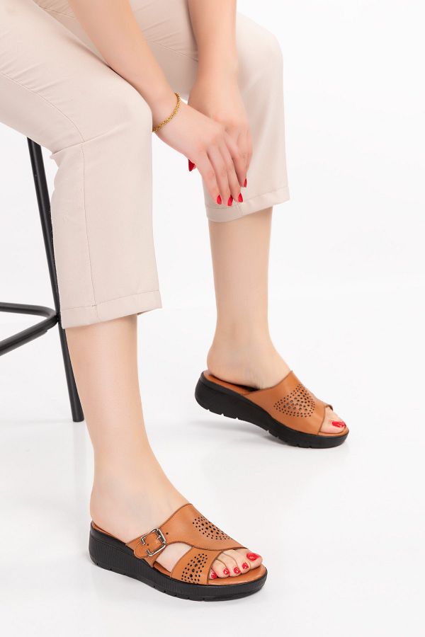 Akgün Terlik-Women's Tan Genuine Leather Adjustable Buckle Anatomical Sole Comfortable Slippers 1