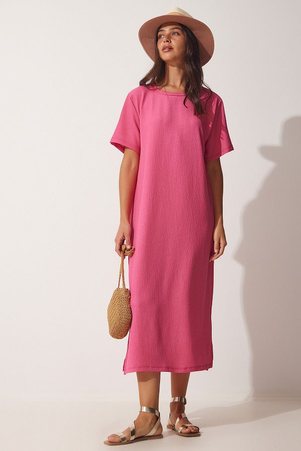 Happiness İstanbul-Rosa, lockeres, langes, lässiges Strickkleid - Dz00076 1