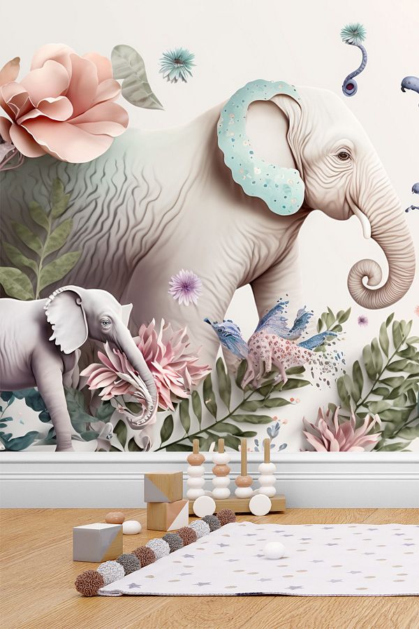 Dekoros-Cute Elephants Watercolor Children's Room Wallpaper Single Piece 1