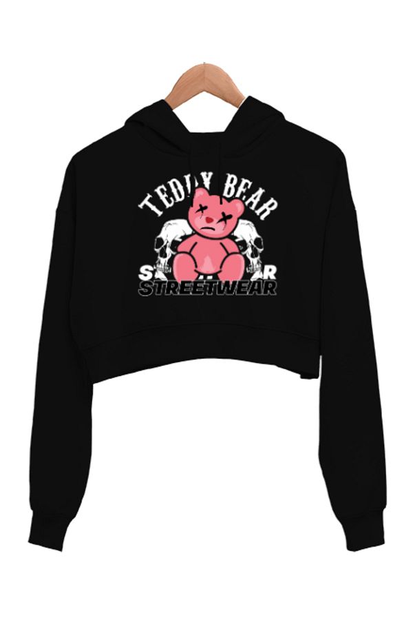 Tisho Bear Teddy Bear Black Women S Crop Hoodie Hooded Sweatshirt Trendyol