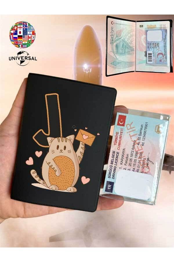 Cekuonline-Smooth Surface Leather Passport Cover Case with Cat Letter J Pattern Suitable for All Country Passports 1