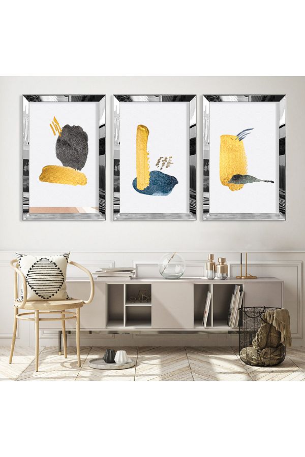 Zevahir Mobilya Dekorasyon-Silver Mirrored Plexiglass Framed Triple Abstract Pattern Shapes Triple Mdf Table Set 1