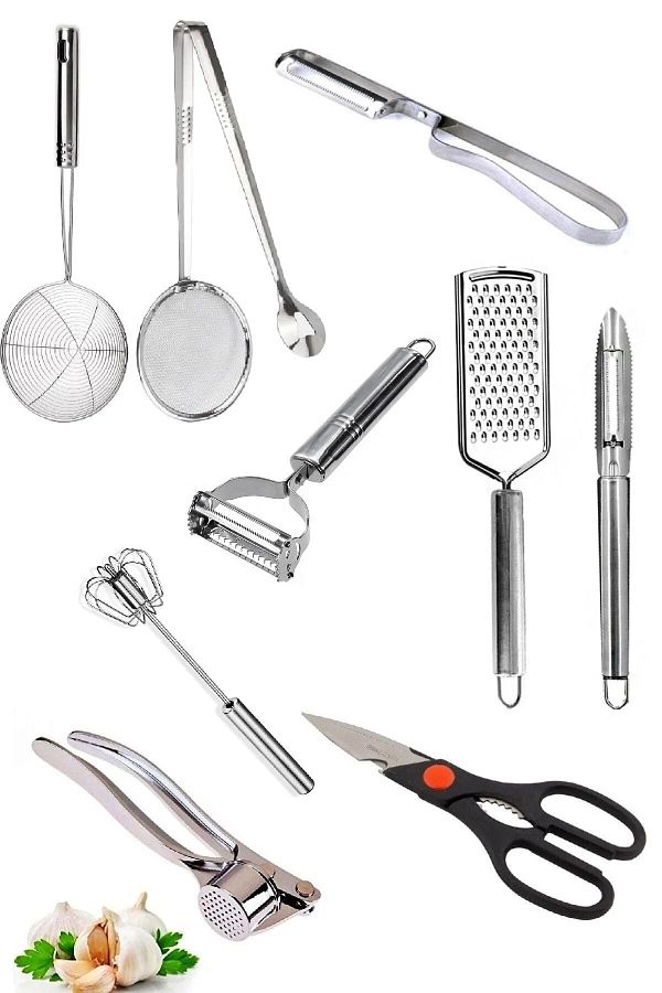 Trouvaille-Side Peeler Colander Strainer Tongs Beater Potato Peeler Grater Garlic Crusher Kitchen Scissors 1