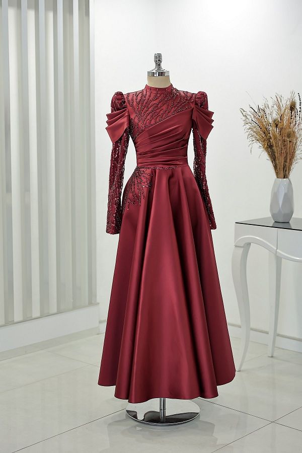 Rana Zenn Burgundy Circle Skirt Beaded and Drape Detailed Midi Endam Evening Dress Trendyol