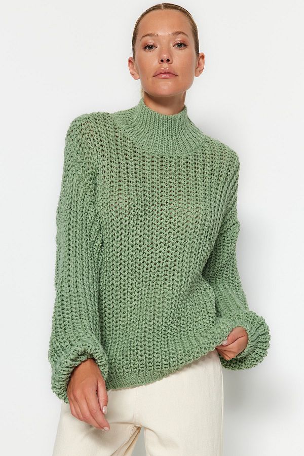 Trendyol Collection-Mintfarbener, weich strukturierter Strickpullover mit Basic-Kragen und weiter Passform TWOAW23KZ01810 1
