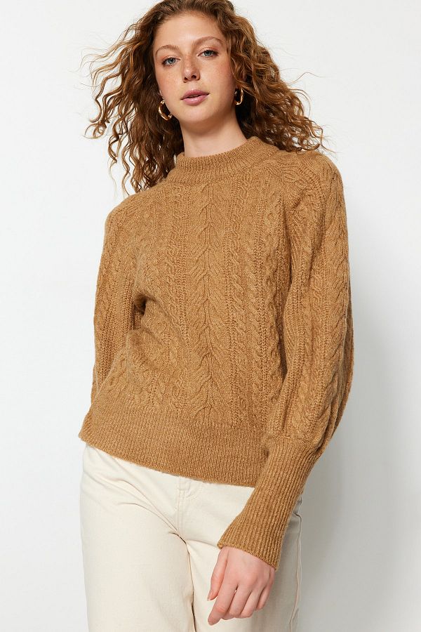Trendyol Collection-Pulover împletit din păr cu textura moale Camel TWOAW21KZ0109 1