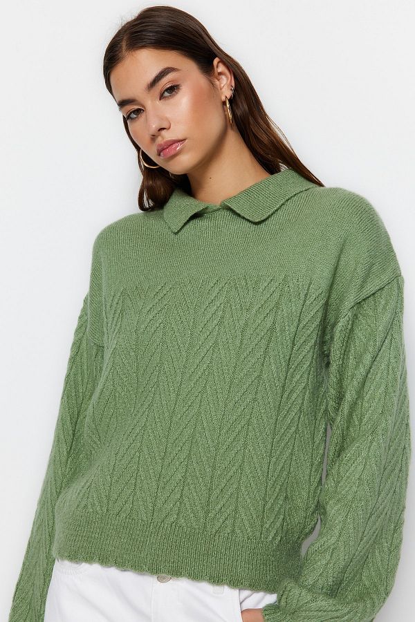 Trendyol Collection-Mint Wide Fit Soft Textured Hair Braided Knitwear Sweater TWOAW22KZ1620 1
