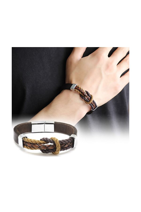 Tesbihane-Knot Design Brown Leather-Steel Combination Men's Bracelet104000522 1
