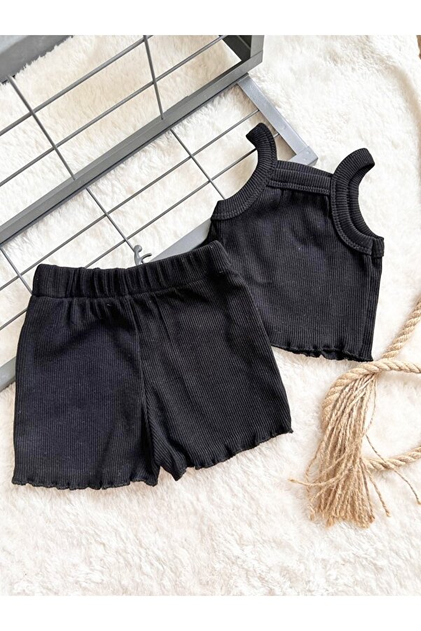 BAHNUR Siyah Fitilli Ribana Bebek Crop Takım Alt-üst Yazlık Şort Takım