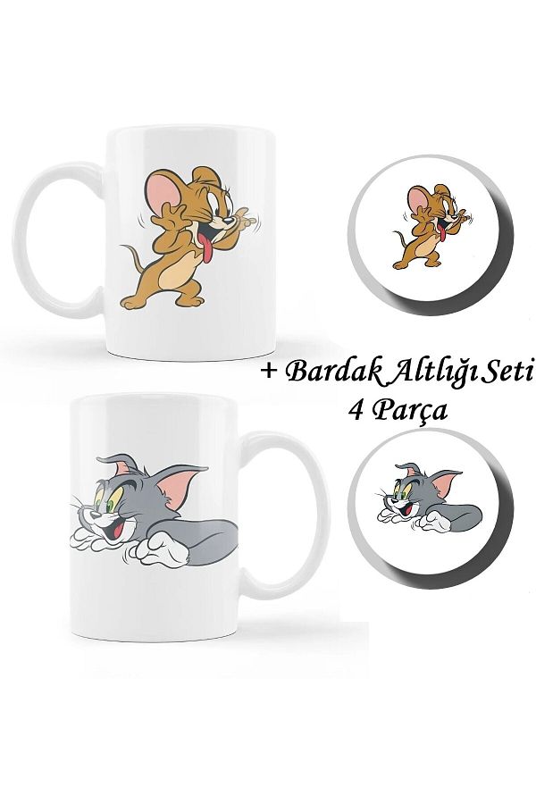 z Kupa Gift Special Design 2 Piece Cup Tom And Jerry Mug And Coaster Set Couple Cup Lover Cup