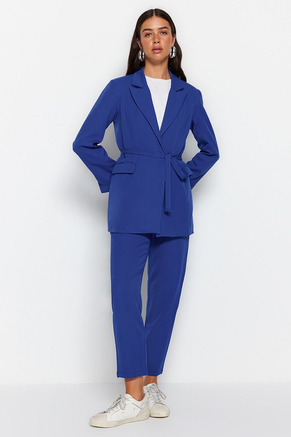 Trendyol Modest-Μπλε με κορδόνια με λεπτομέρεια γραμμή κρεπ σακάκι-παντελόνι υφαντό στο κάτω μέρος-top κοστούμι TCTSS23US00044 1