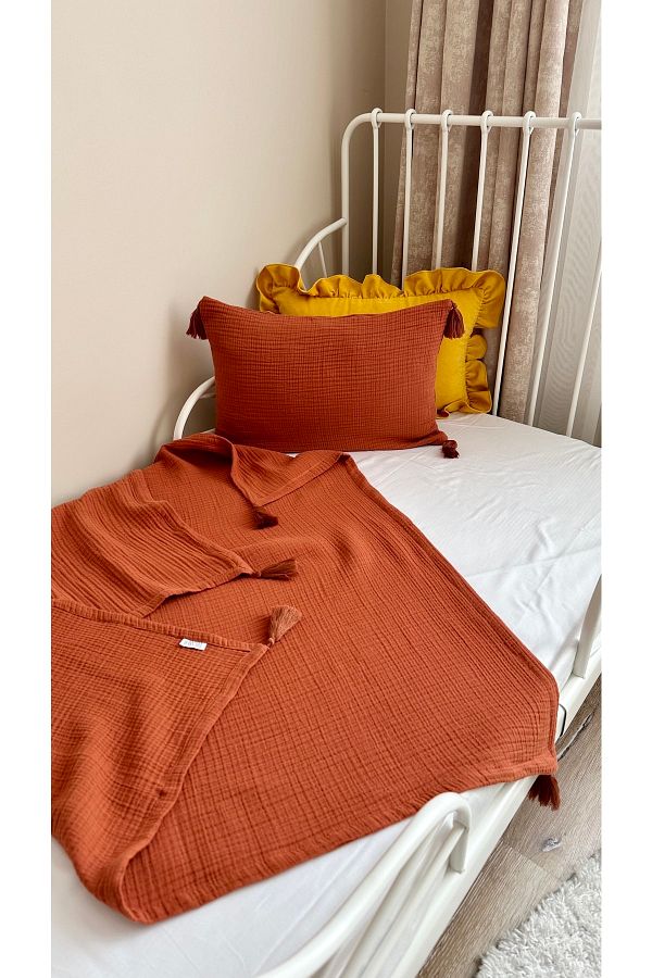 Decamor home Tile 100 Cotton 4 Layer Muslin Blanket Throw Pillow Set Tile Tassel Baby And Kids Muslin Blanket Trendyol
