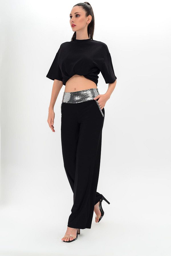 Laranor-Women's Black Waist and Pocket Sequin Detail Trousers 19L6671 1