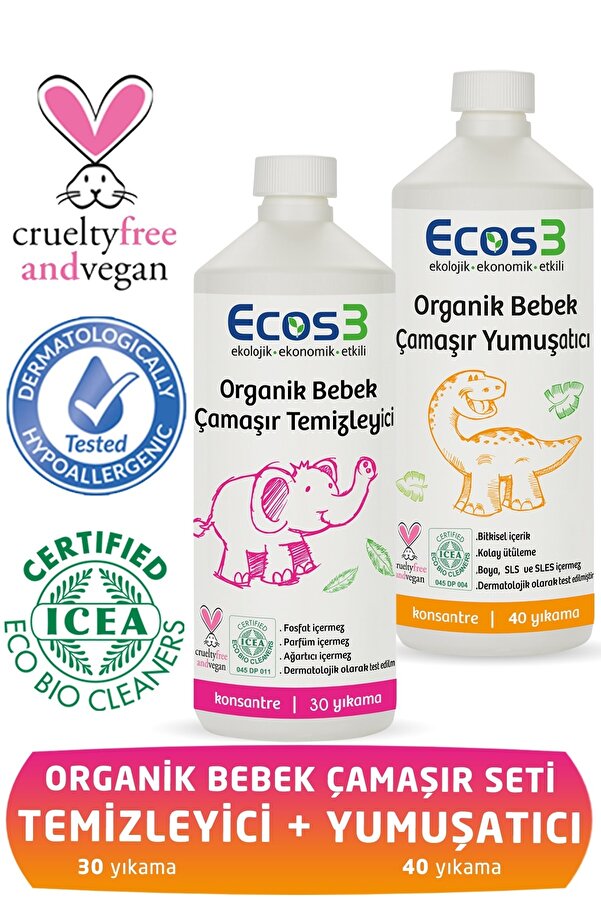 Ecos3 Organik Bebek Çamaşır Seti ( 2 Ürün) / Bebek Çamaşır Yumuşatıcısı & Temizleyicisi /
