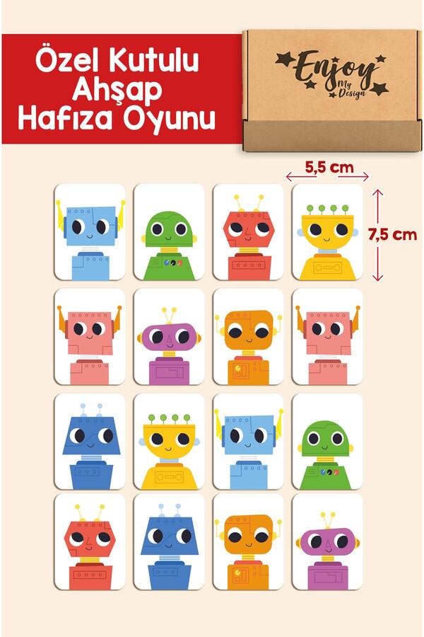 Enjoymydesign Ahşap Zeka Kartları Sevimli Robotlar Temalı Eşleştirme Oyunu Hafıza Kartı Ahşap Eğitici Oyuncak