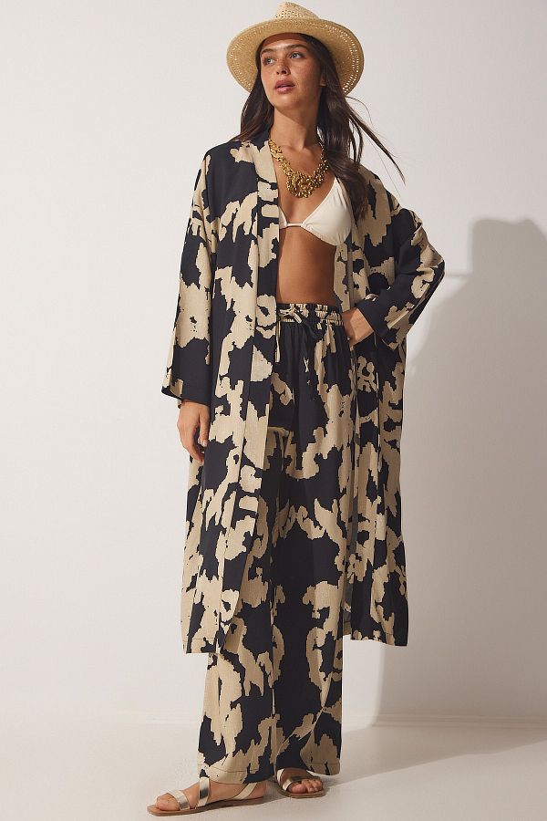 Happiness İstanbul-Schwarz-beige gemustertes Viskose-Kimono-Palazzo-Hosenset für Damen CI00086 1