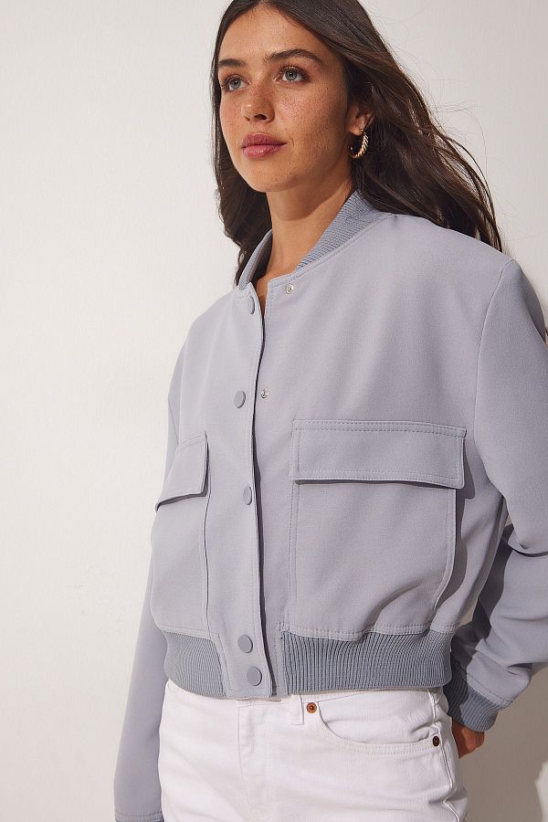 Happiness İstanbul-Graue Bomberjacke für Damen mit weiten Taschen FN03041 1