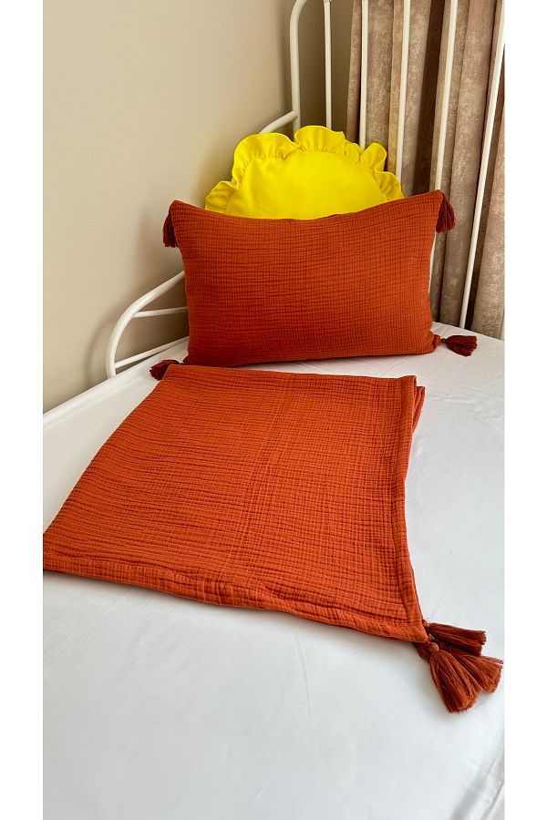 Decamor home Tile 100 Cotton 4 Layer Muslin Blanket Throw Pillow Set Tile Tassel Baby And Kids Muslin Blanket Trendyol