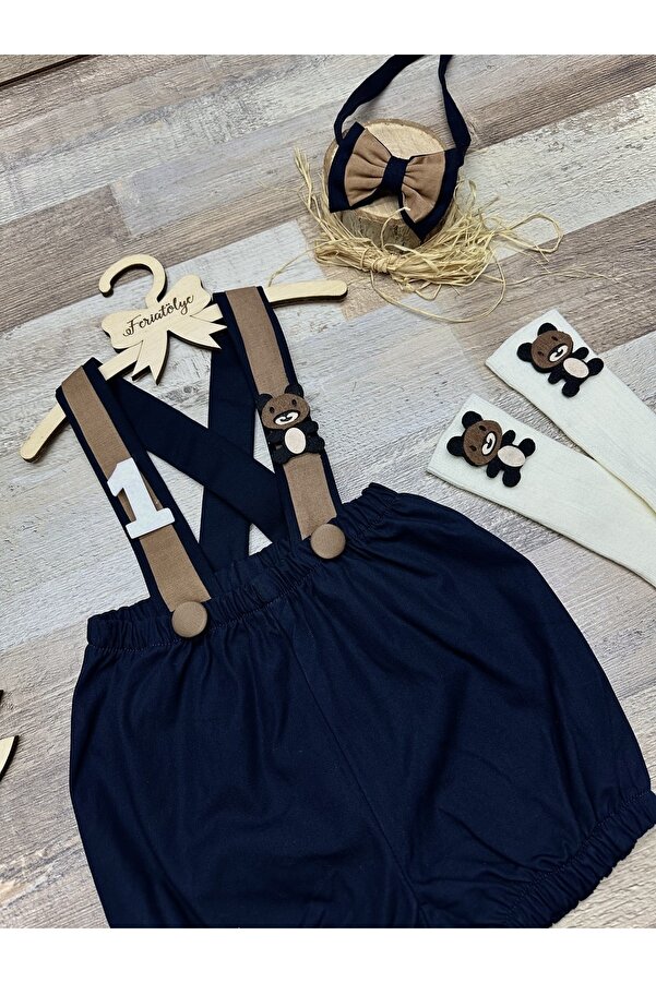 Feriatolye Ayıcık konsepti Lacivert taba erkek bebek şort salopet 1 yaş doğum günü kıyafeti