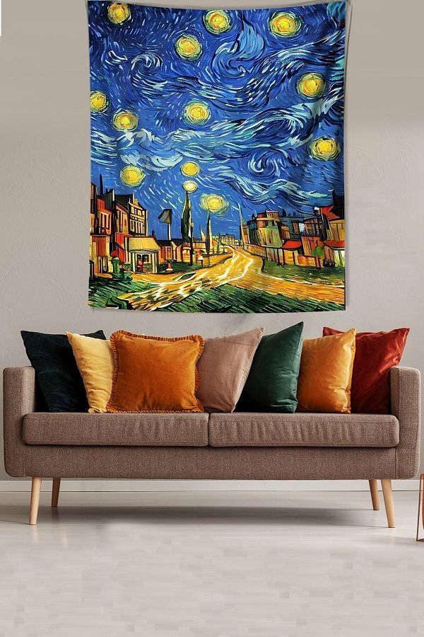 on the clouds Starry Nights Village Houses Van Gogh Stain Resistant Fabric Wall Cloth Wall Tapestry Tapestry Trendyol