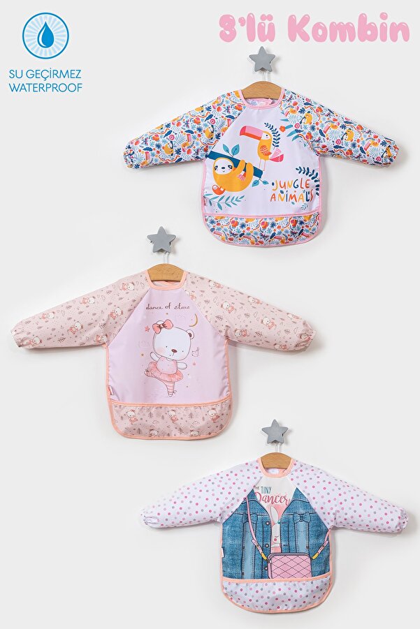 Kuzumix 3'lü Kombin Uzun Kollu Giyilebilir Sıvı Geçirmez Mama Önlüğü