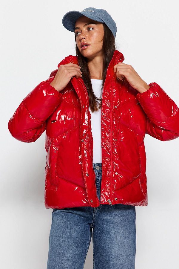 Bright red puffer jacket shop