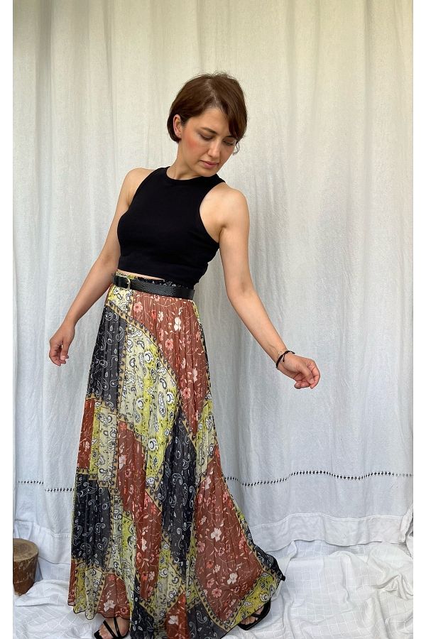 soBasic-Yellow Ethnic Patterned Pleated Lined Maxi Length Flowy Chiffon Skirt with Elastic Waist 1
