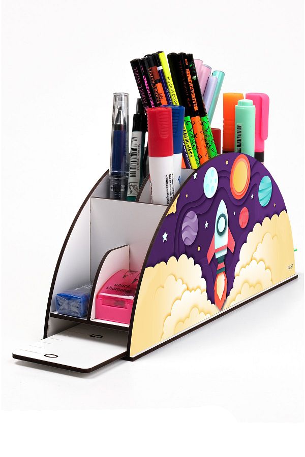 kutuTR-Wooden Vip Astronaut And Space Rainbow Ruled Desktop Pen Holder Organizer Assembled Boxed 1