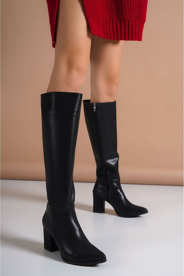 Lolita Love Shoes-Asian Black Leather Knee High Zippered Heeled Boots 1