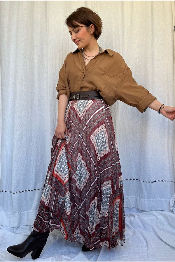 sobasic Burgundy Ethnic Patterned Pleated Lined Maxi Length Flowy Chiffon Skirt with Elastic Waist Trendyol