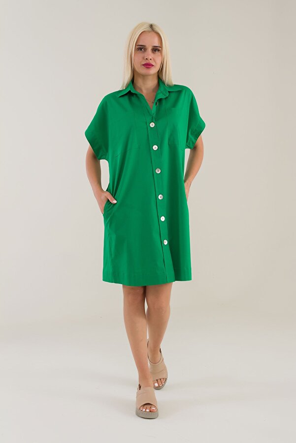 Bold Young Women's Green Color Flared Robe Pocket Lycra Poplin