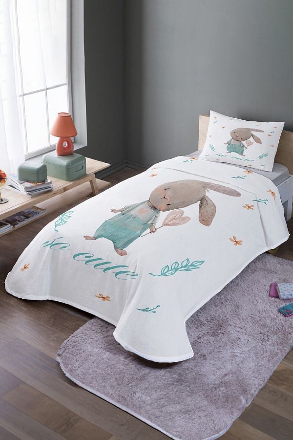 EVPANYA-Gardener Rabbit Patterned Single Pique Set and Bedspread 1