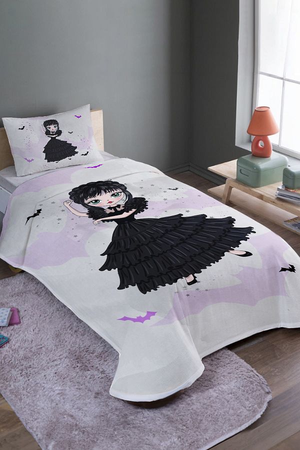 EVPANYA-Line Gray Dancer Wednesday Patterned Single Pique Set and Bedspread 1