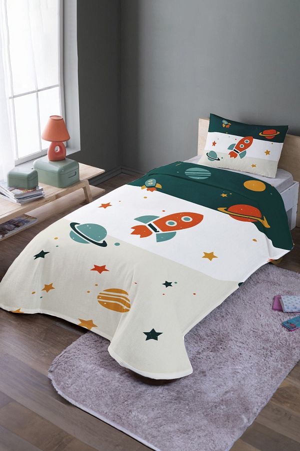 EVPANYA-Retro Green Cream Spacecraft Patterned Single Pique Set and Bedspread 1