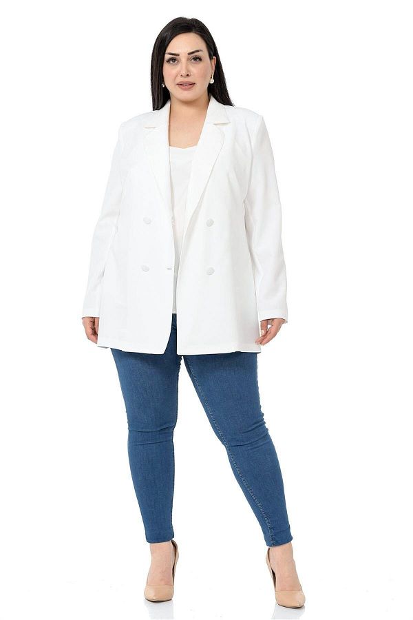 DISENTIS MODEST-Plus Size Covered Buttoned Double Breasted White Unlined Jacket 1