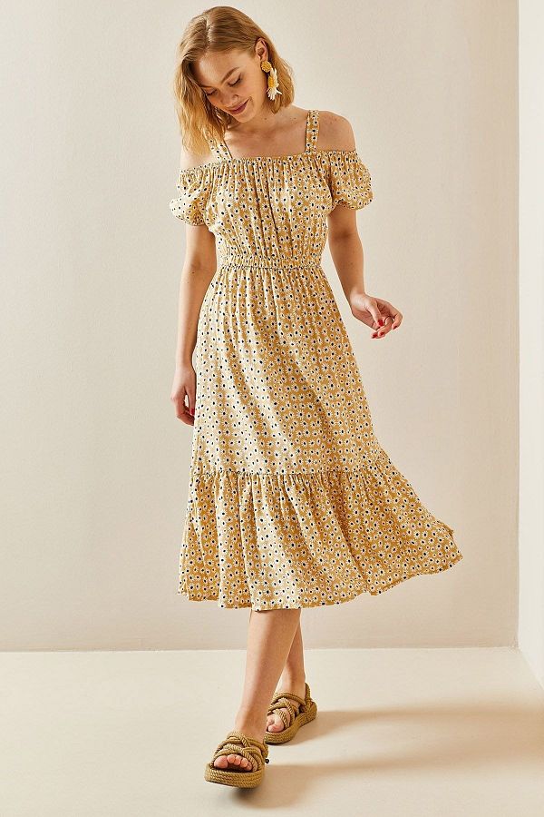 XHAN-Beigefarbenes, schulterfreies Kleid mit Blumenmuster 3yxk6-47311-25 1