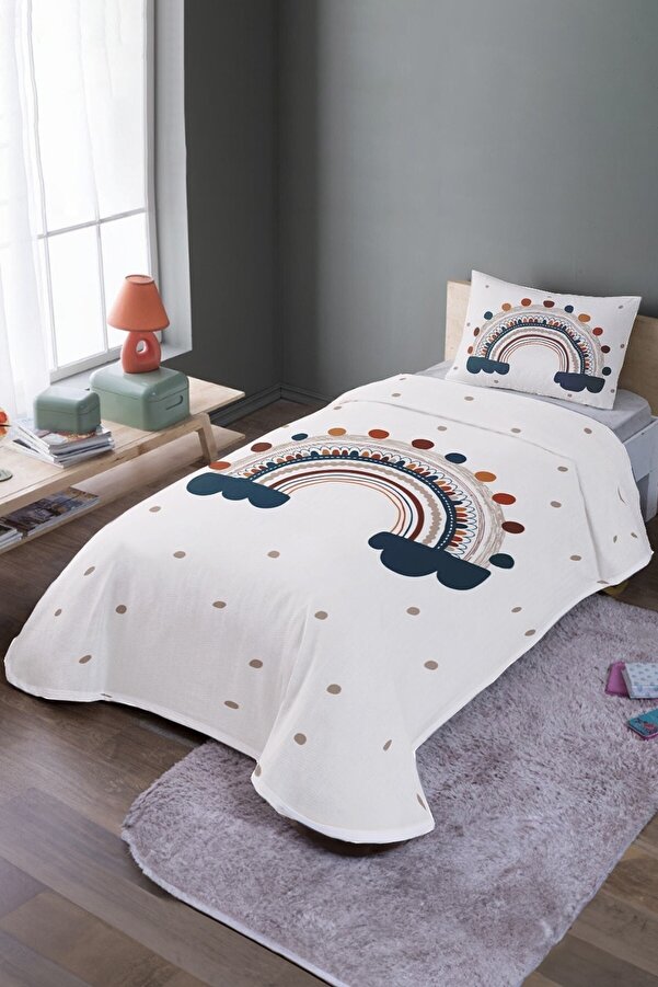 Evpanya Puantiyeli Gökkuşağı Desenli Tek Kişilik Pike Takımı ve Yatak Örtüsü