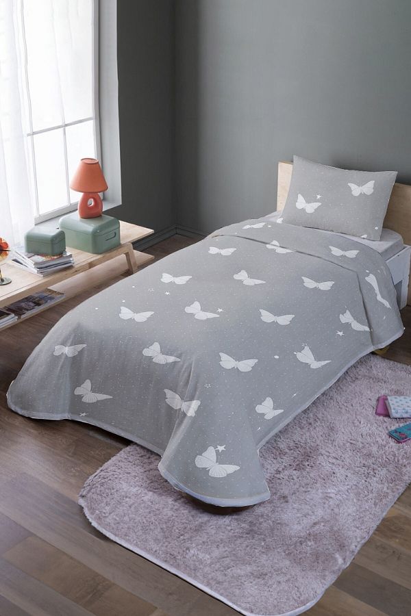 EVPANYA-Gray Floor Butterflies Patterned Single Pique Set and Bedspread 1