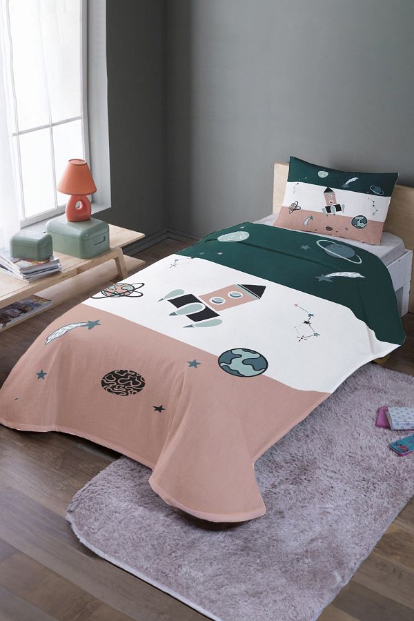 EVPANYA-Retro Green Spacecraft Patterned Single Pique Set and Bedspread 1