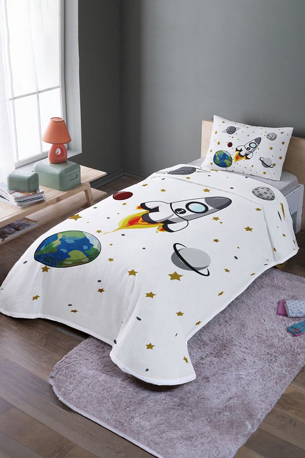 EVPANYA-White Space and Rocket Patterned Single Pique Set and Bedspread 1