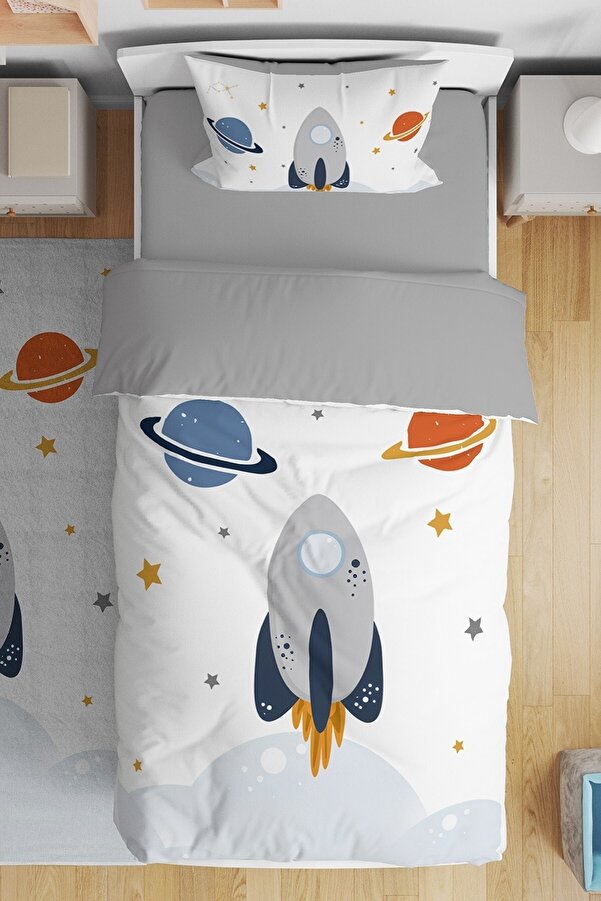 Evpanya Roket Ve Uzay Desenli Tek Kişilik Bebek Çocuk Nevresim Seti