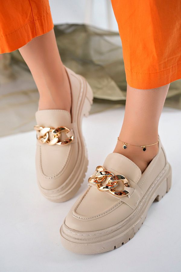StWenn Women s Thick Sole Loafer Moccasin Shoes Beige Vegan Leather Gold Chain Trendyol