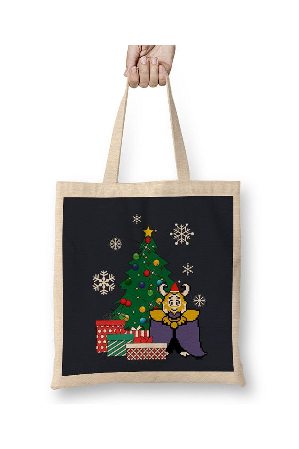 Baskı Dükkanı-King Asgore Around The Christmas Tree Undertale Tote Bag Long Handle 1