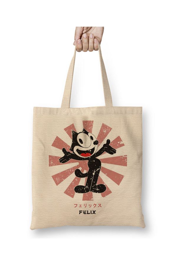 Baskı Dükkanı-Felix The Cat Retro Japanese Tote Bag Long Handle 1