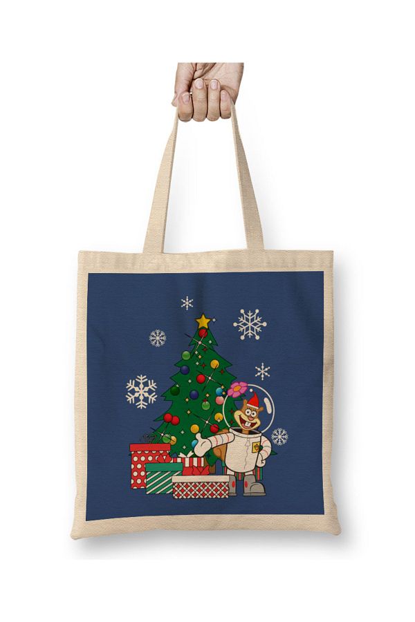Baskı Dükkanı-Sandy Cheeks Around The Christmas Tree Spongebob Tote Bag Long Handle 1