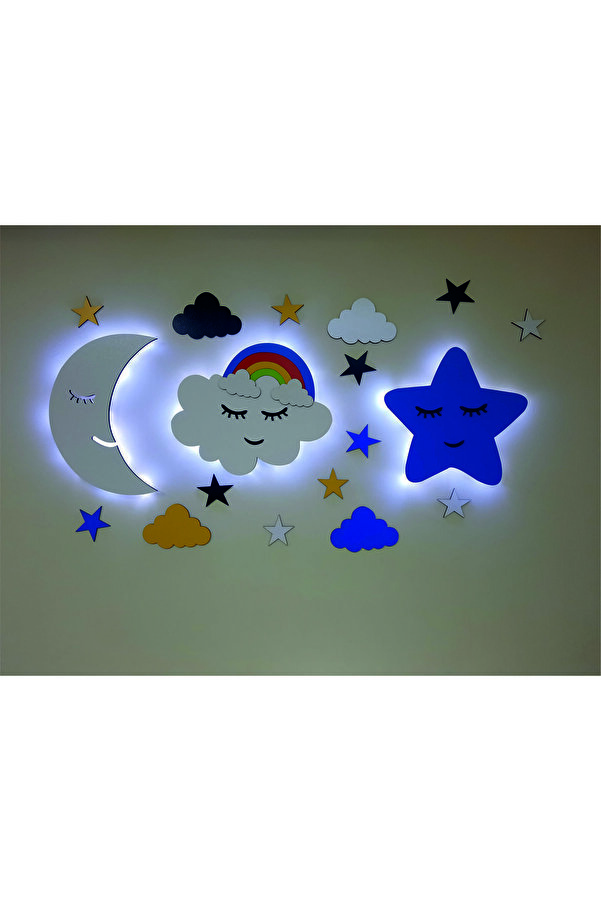 Lowenart Çocuk Odası Dekoratif Ahşap Ay Gökkuşağı Bulut Yıldız Gece Lambası Ledli Aydınlatma