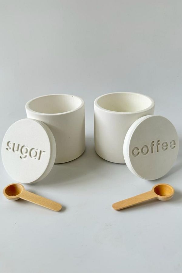 Studio Ays-Concrete Spice Rack with Lid Sugar Bowl and Coffee Pot Set with Lid White 1