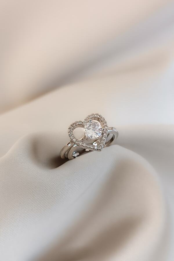 COSİTA-Silver Solitaire Heart Double Engagement Special Design 2-Piece Ring 1