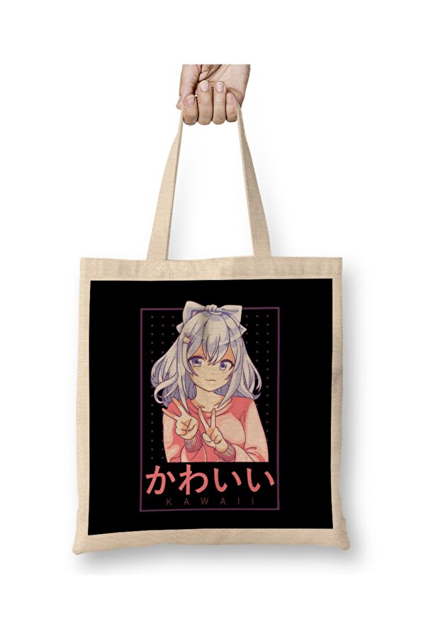 Baskı Dükkanı Cute Kawaii Anime Girl Japanese Manga Lettering Tote